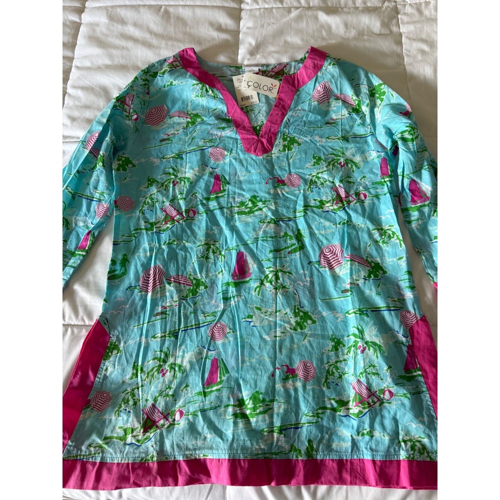 All For Color Island Time Tunic Top Women Medium Blue Pink Tropical Beach NWT